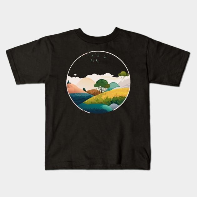 a nature-inspired t-shirt design featuring serene landscapes and wildlife. Utilize a soft color palette and intricate details to capture the beauty of the outdoors, tipseason2 Kids T-Shirt by goingplaces